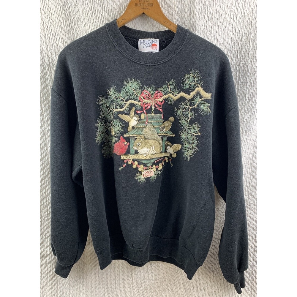 Vtg 80s Morning Sun Lg Sweatshirt Womens Large Cardinal Squirrel Grandmacore USA